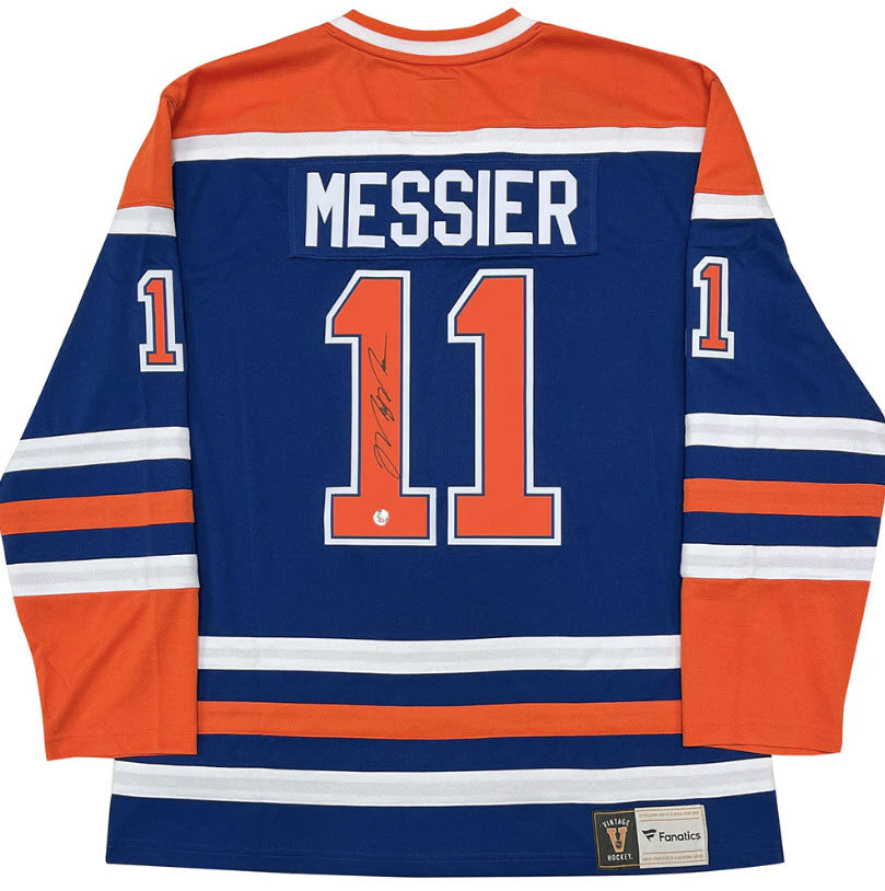 MAILLOT BLEU DES EDMONTON OILERS AUTOGRAPHIÉ PAR MARK MESSIER – ARTICLE DE COLLECTION NHL HOCKEY AUTOGRAPHIÉ (TAILLE L OU XL)
