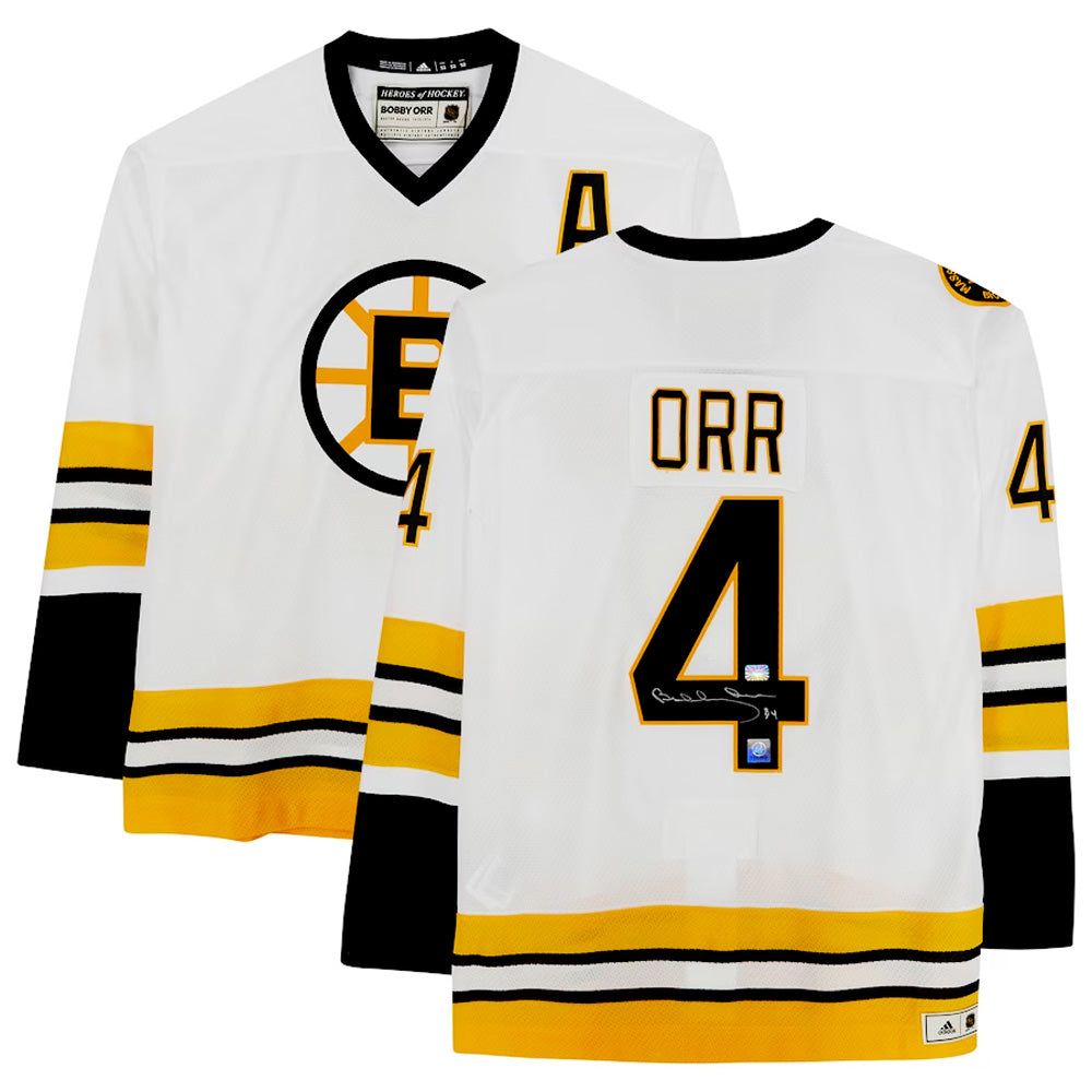 MAILLOT BLANC ADIDAS DES BOSTON BRUINS AUTOGRAPHÉ PAR BOBBY ORR – OBJET DE COLLECTION DE HOCKEY NHL AUTOGRAPHÉ – AVEC CERTIFICAT D'AUTHENTICITÉ GNR (TAILLE L OU XL)