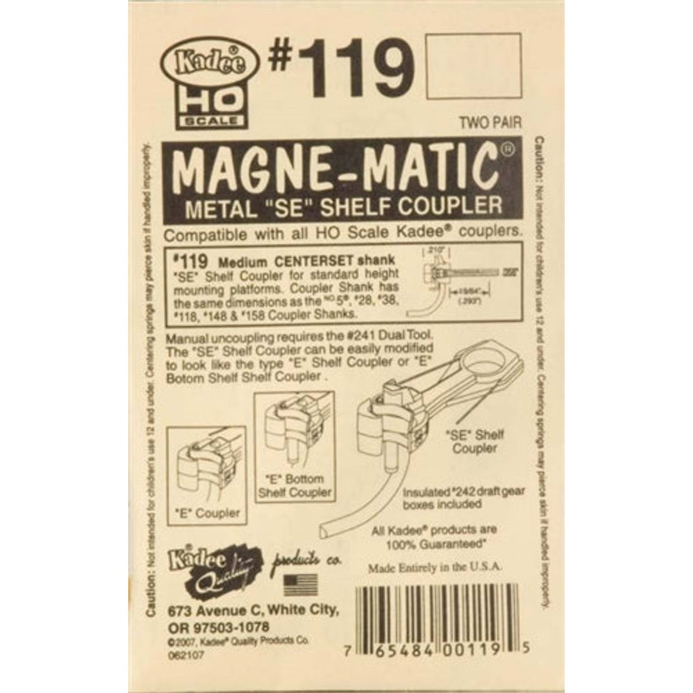 Kadee #119 HO Magne-Matic "SE" Tête d'étagère Moyenne Tige centrée 19/64" Attelage d'échelle Whisker