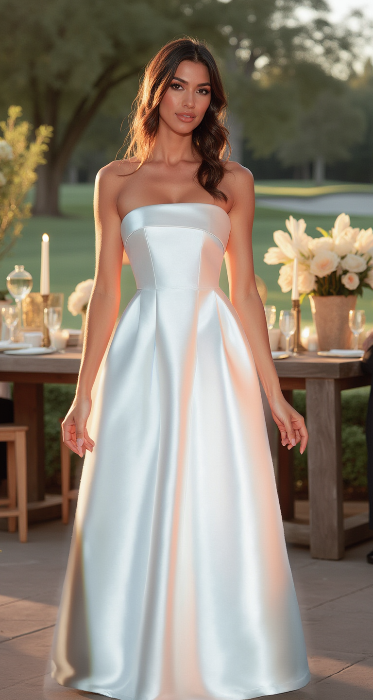 Robe Longue Bouffante Sans Bretelles en Tafetas - Blanc