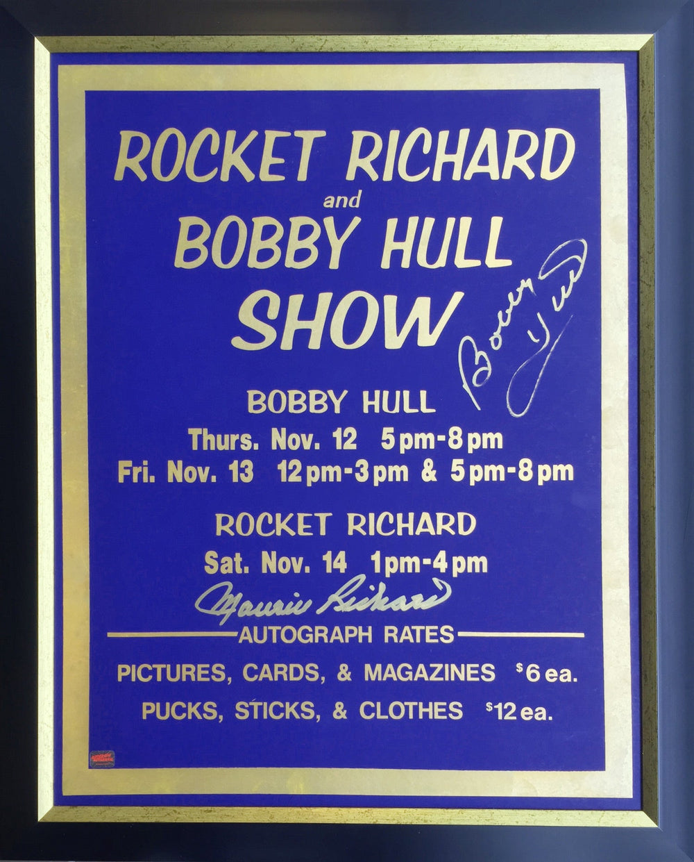 ENSEIGNE DE HOCKEY VINTAGE DOUBLEMENT AUTOGRAPHIÉE BOBBY HULL & MAURICE RICHARD – OBJET DE COLLECTION RARE DE LÉGENDES DE LA LNH – MEMORABILIA AUTHENTIQUES SIGNÉS À LA MAIN (ENCADRÉ 32" X 26")
