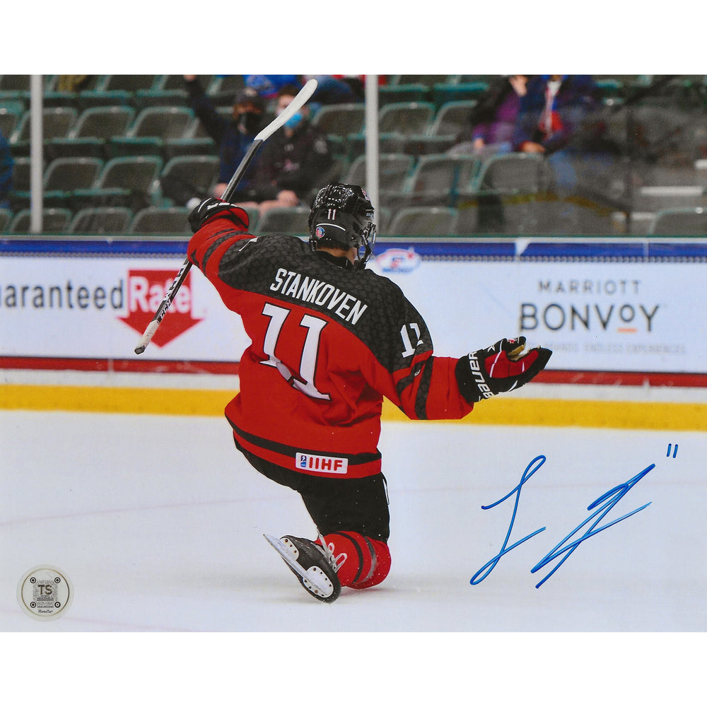 Photo 8x10 de Logan Stankoven, autographe, Célébration de but Équipe Canada U18 2021
