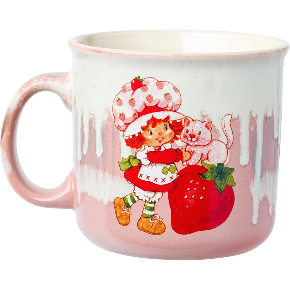 Tasse de camping vintage "Strawberry Shortcake" avec chat et baies, 20 oz, en céramique