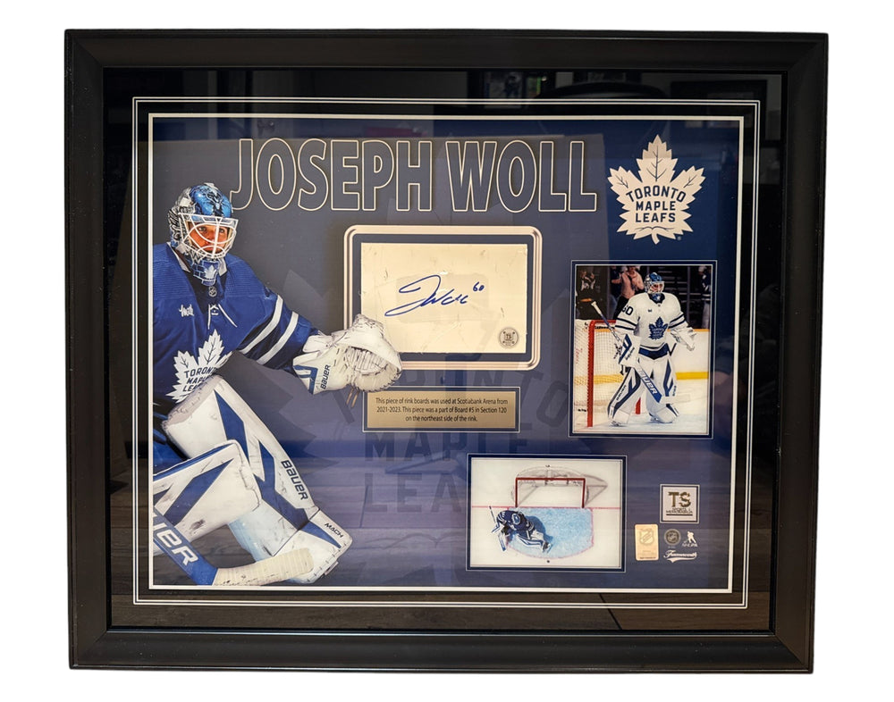 Morceau de panneau de hockey de match encadré des Maple Leafs de Toronto, autographié par Joseph Woll