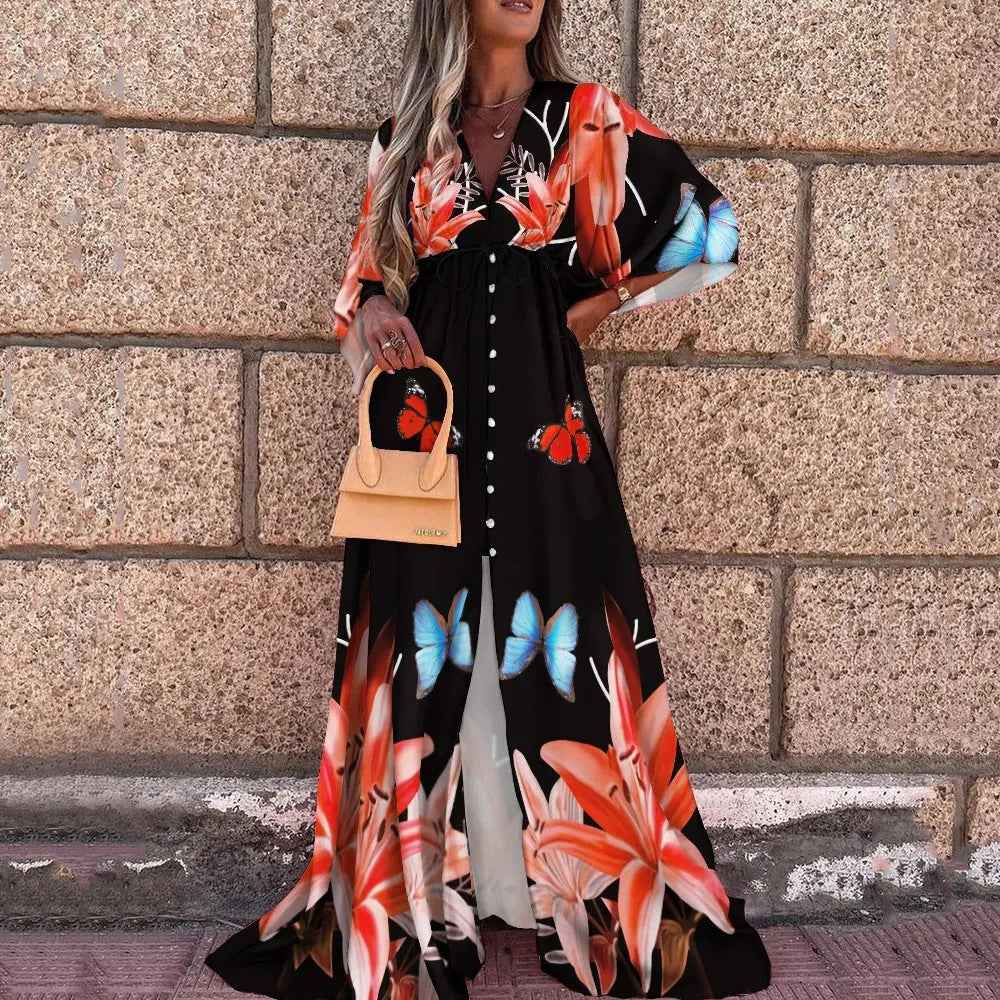 Summer Casual Vacation Style V-Neck Printed Dress