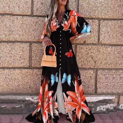 Robe d'été décontractée imprimée à col en V, style vacances