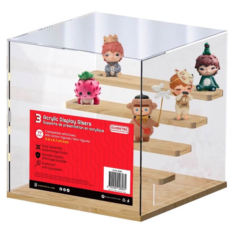 5-Tier EVORETRO Acrylic Display Case – 32.2 x 32 x 32 cm | Crystal Clear Visibility, Wooden Shelves — EVORETRO Canada