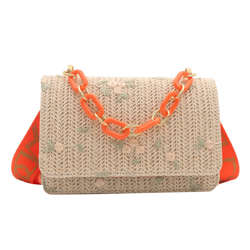 Sac bandoulière carré miniature en paille pour femme avec chaîne en acrylique