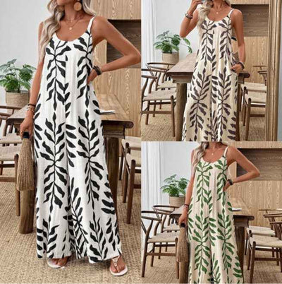 Combinaison décontractée et élégante pour femme, col en V, imprimé feuilles tropicales, avec poches