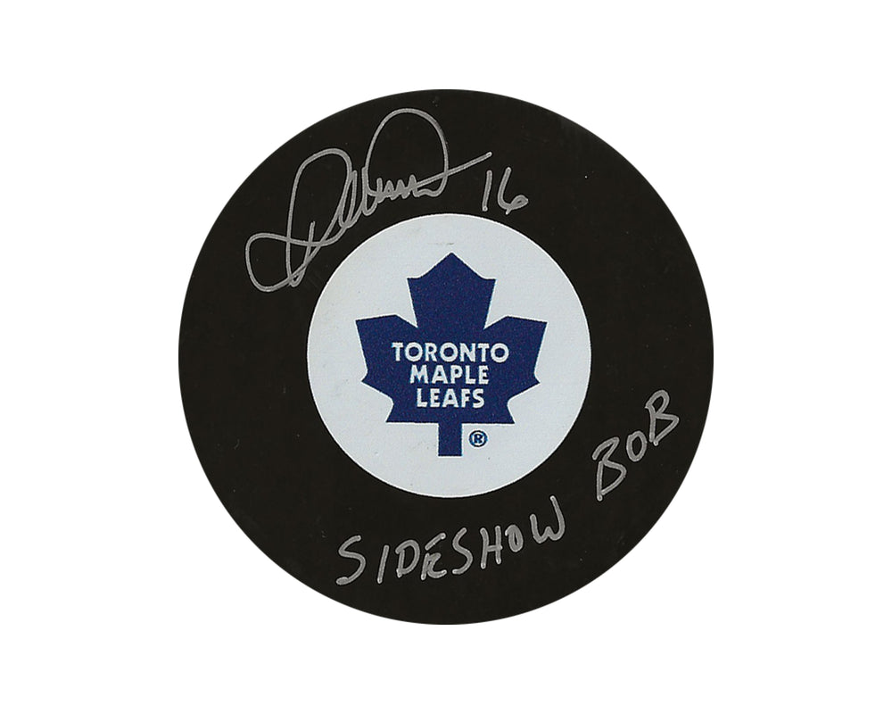 Palet de hockey Darcy Tucker, autographié par lui-même, des Maple Leafs de Toronto, modèle autographe, avec l'inscription « Sideshow Bob »