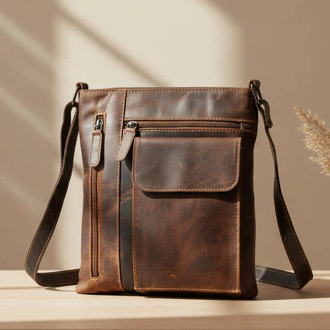Sac bandoulière en cuir Greenwood. Sac à main en cuir pleine fleur de qualité supérieure avec plusieurs poches.