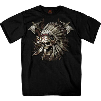 T-shirt noir pour hommes : Chef indien et crâne