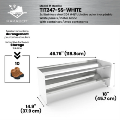Commercial rustproof shoe and boot rack / 2 Tier/ Shelf 46.25" stainless / White panels / Store 10 pairs / Rakabot Titan