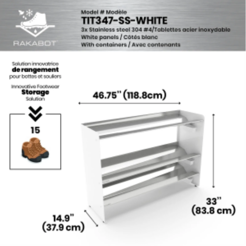 Commercial rustproof shoe and boot rack / 3 Tier / Shelf 46.25" stainless / Whitepanels /  Store 15 pairs / Rakabot Tita