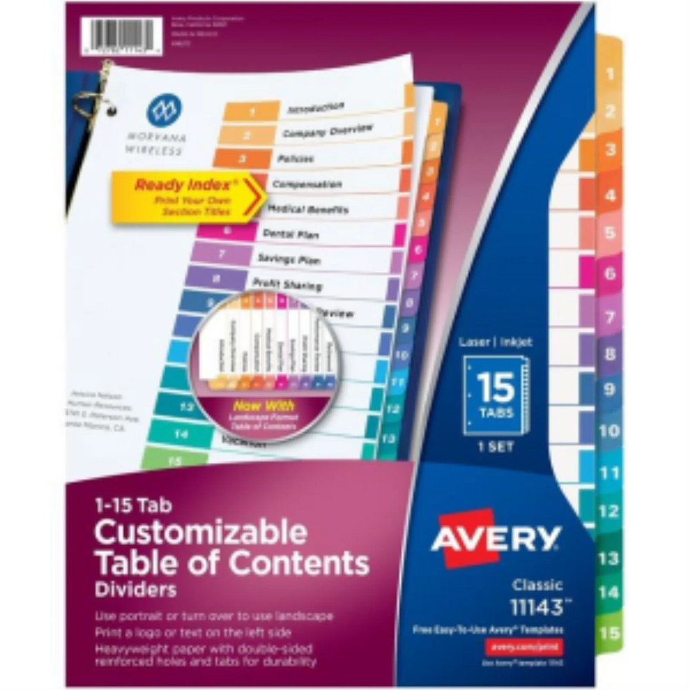 11143 READY INDEX TABLE OF CONTENTS DIVIDERS, 15 TAB, 1 SET,