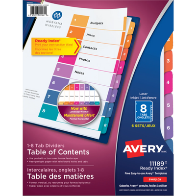 11189 INDEX PRÊT À L'EMPLOI, TABLE DES MATIÈRES, 8 TABULATIONS, 6 ENSEMBLES,