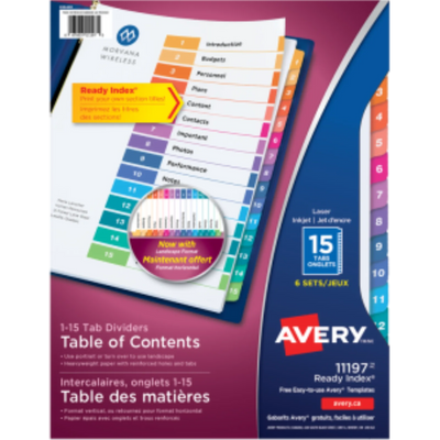 DIVISEURS DE TABLE DES MATIÈRES READY INDEX, 15 ONGULETS, 6 ENSEMBLES