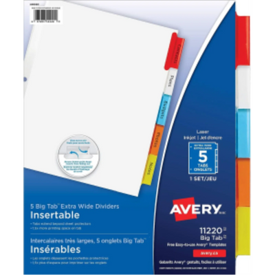 BIG TAB INSERTABLE DIVIDERS, 5 TAB, 1 SET, EXTRA WIDE