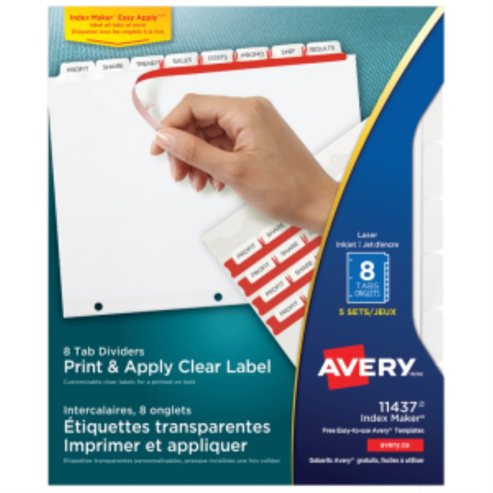 11437 INDEX MAKER CLEAR LABEL DIVIDERS, 8 TAB, 5 SETS, WHITE