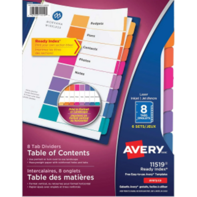 READY INDEX TABLE OF CONTENTS DIVIDERS, 8 TAB, 6 SETS,