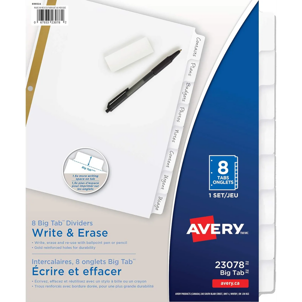 WRITEON DIVIDERS, 8 TAB, 1 SET, WHITE, BIG TAB