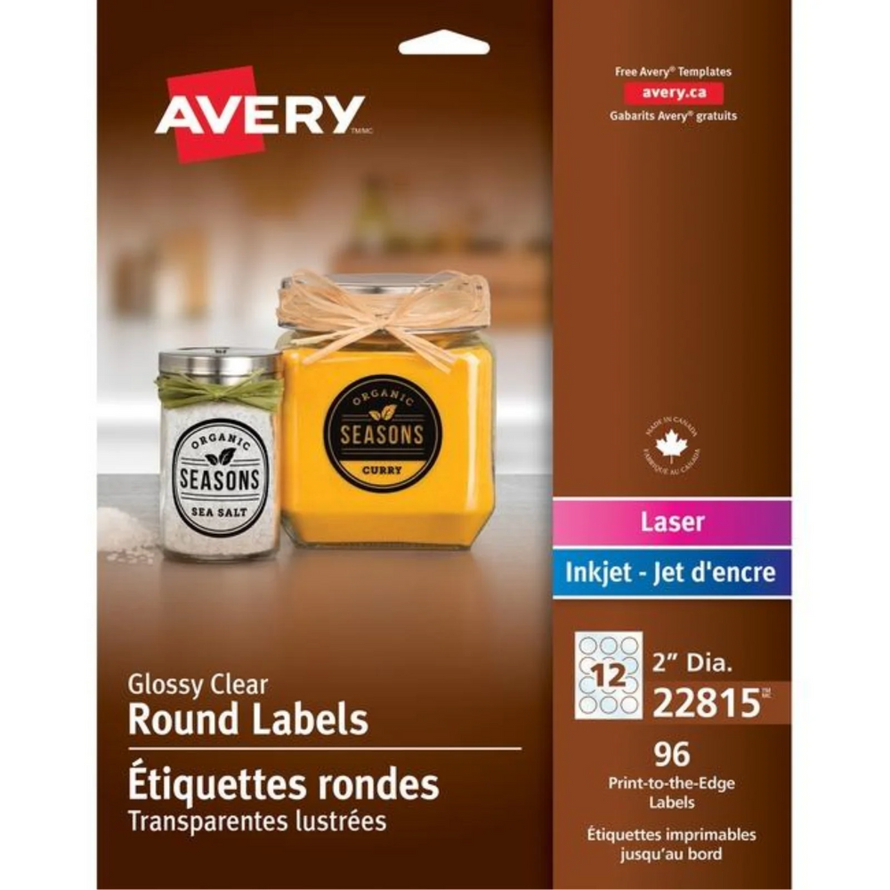 Avery Laser/Inkjet Glossy Clear Labels, 2" Diam., Permanent, 8 sheets/env, 96 labels/env
