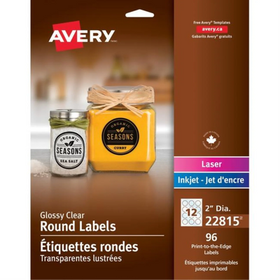 Avery Laser/Inkjet Glossy Clear Labels 2" Diameter Permanent 96 Labels (22815)