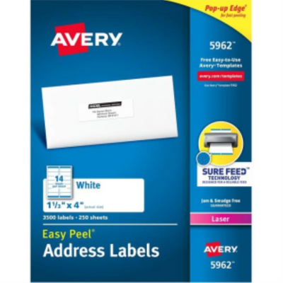 Avery Rectangle Labels 1-1/3" x 4", Permanent, 3500 Labels (5962)