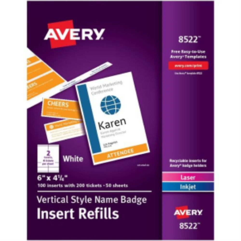 Avery Laser/Inkjet   Vertical Style Refills, 6" x 4¼", White Cardstock (Insert, x2 Tickets), 100/box