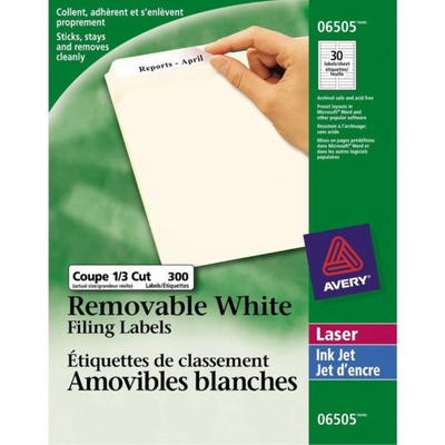 6505 ÉTIQUETTES DE CLASSEMENT, 37/16 PO X 2/3 PO, AMOVIBLES, BLANCHES, 10 FEUILLES
