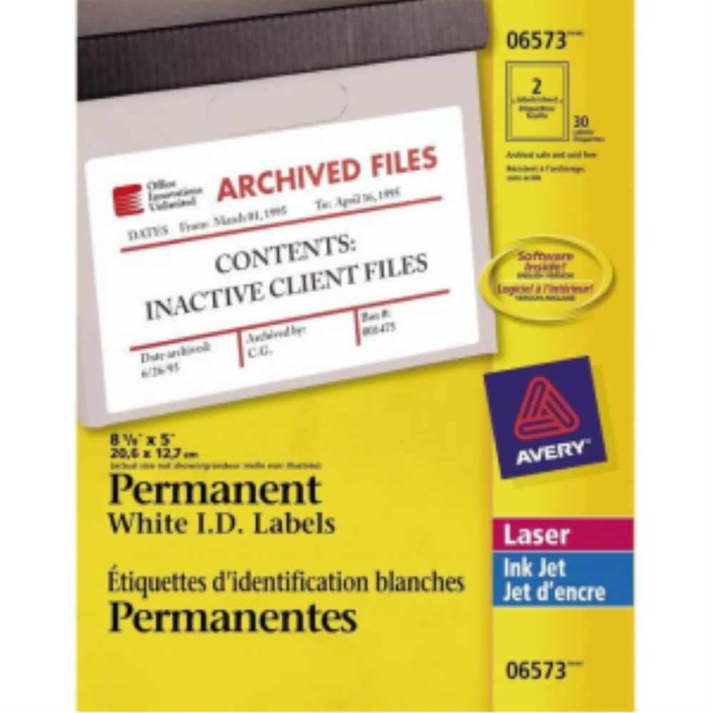6573 I.D. LABELS, 8 1/8" X 5", PERMANENT, 15 SHEETS/ENV., 30