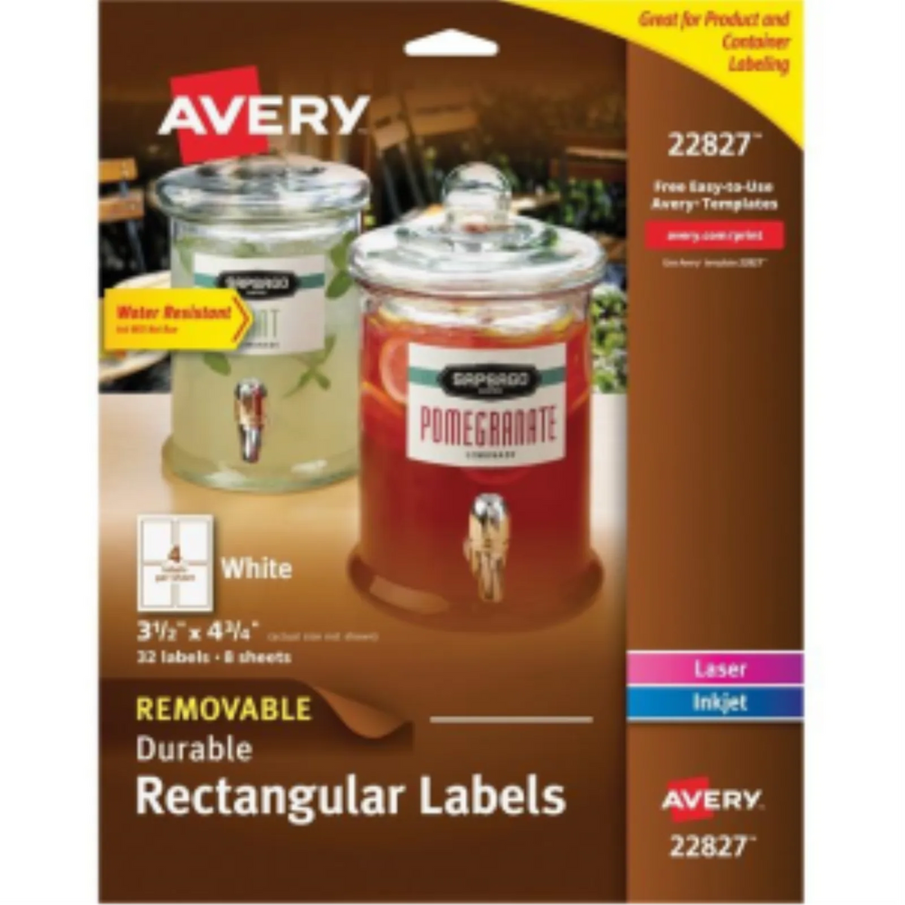 22827 WHITE DURABLE RECTANGULAR LABELS, 4 3/4" X 3 1/2", 8 S