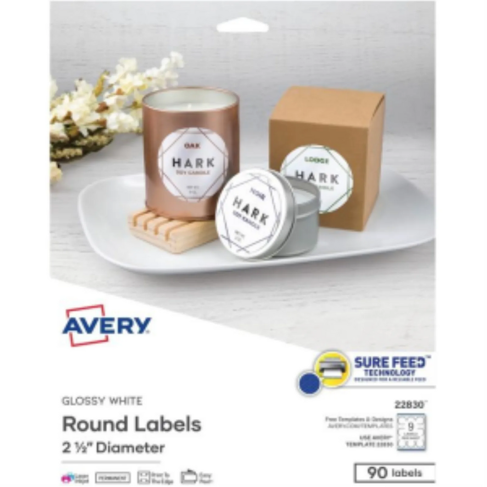 22830 GLOSSY WHITE ROUND LABELS, 2 1/2" DIA., 10 SHTS/ENV.,