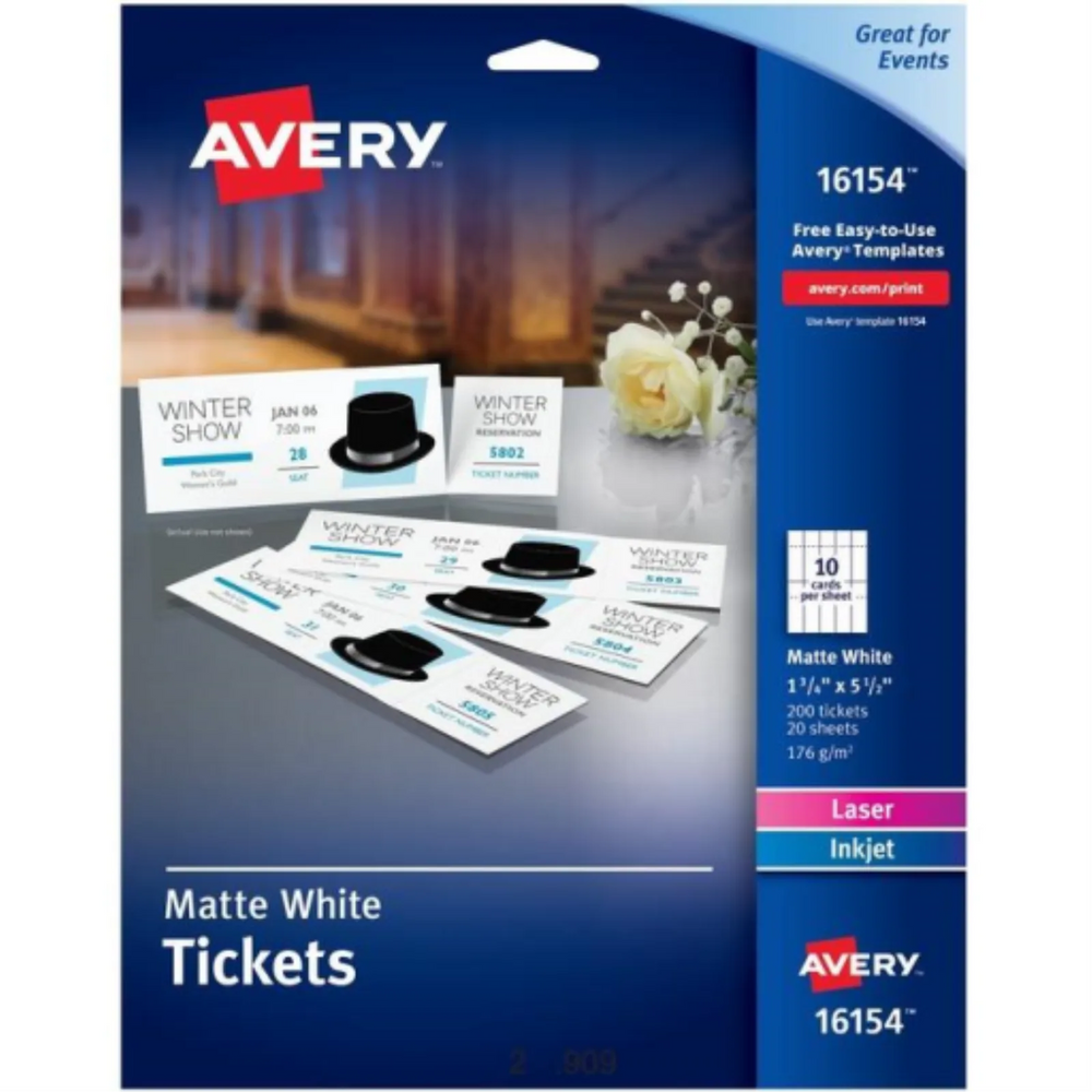 16154 TICKETS WITH TEARAWAY STUBS, WHITE, UNCOATED, 1 3/4"