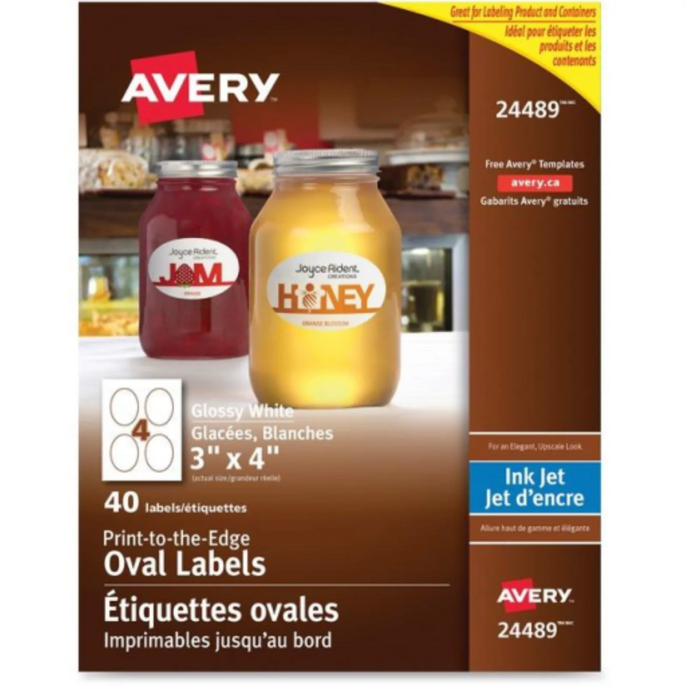 GLOSSY WHITE OVAL LABELS, 3" X 4", 10 SHTS/ENV., 60 LA