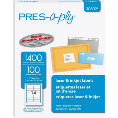 30602 PRESAPLY ÉTIQUETTES, LASER, 1 1/3" X 4" BLANC, 1400 ÉTIQUETTES