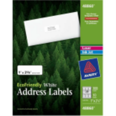 48860 ÉTIQUETTE POSTALE BLANCHE ECO, PERMANENTE, 1" X 2 5/8", 10 FEUILLES