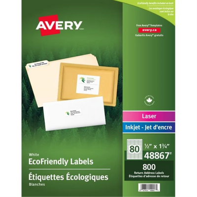 48867 ÉTIQUETTE POSTALE BLANCHE ECO, PERMANENTE, 1/2" X 1 3/4", 10