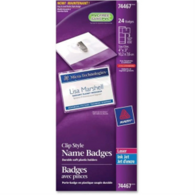 74467 NAME BADGE KIT, CLIP STYLE, GARMENT FRIENDLY, 4" X 3",