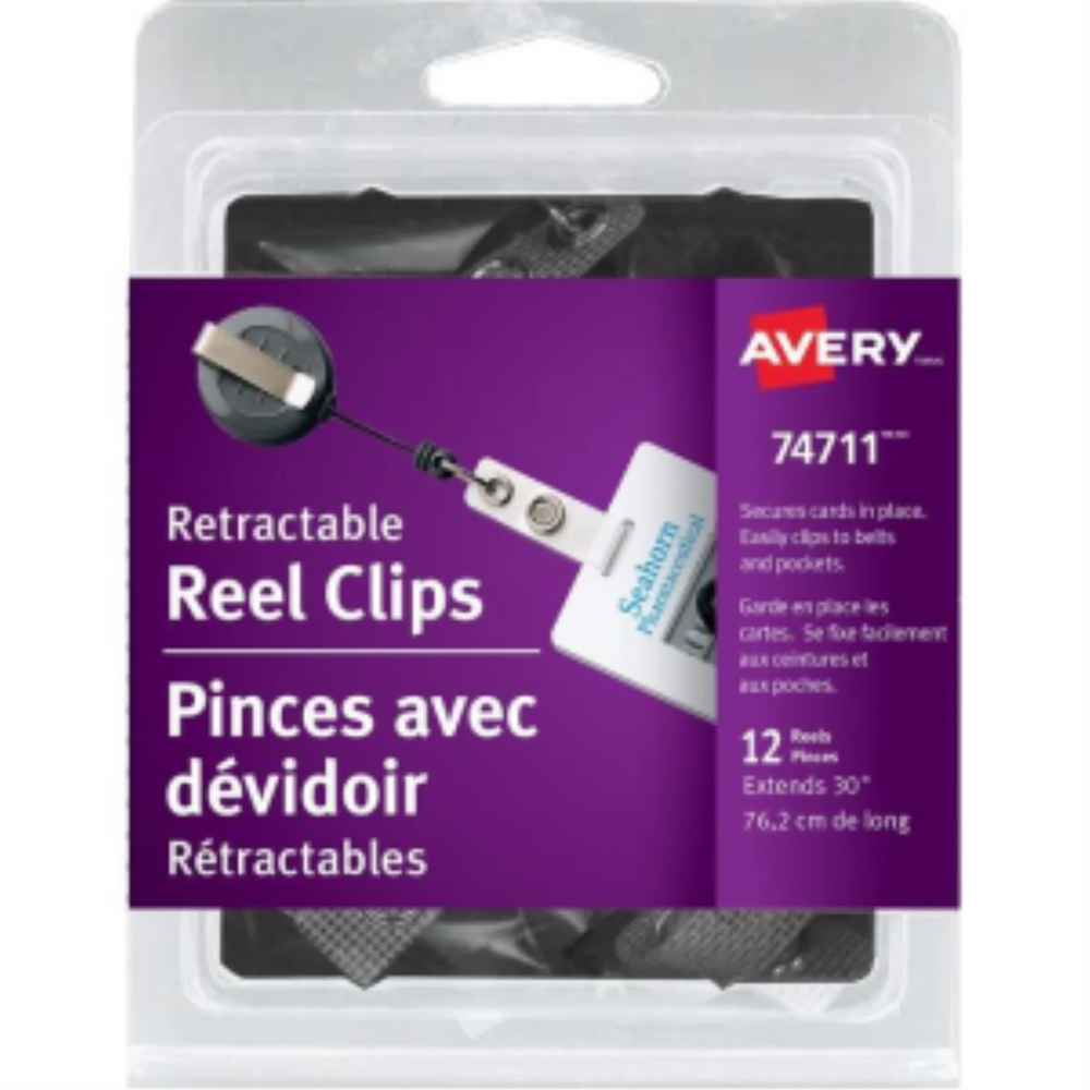 74711 NAME BADGE LABELS, RETRACTABLE REEL CLIPS, 30", 12/PAC