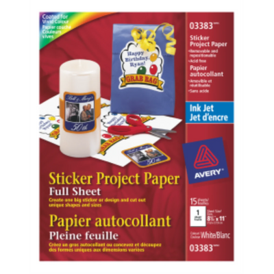 3383 PAPIER POUR PROJETS D'AUTOCOLLANTS, AMOVIBLE, 8 1/2" X 11", 15 FEUILLES