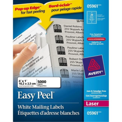 Avery White Easy Peel Permanent Address Labels 4" x 1" 250 Sheets/Box (5961)