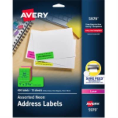 Avery Neon High Visibility Labels 1" x 2 5/8", Assorted Colours, 30 Labels (5979)