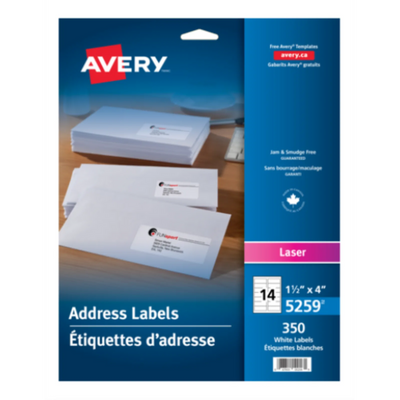 5259 WHITE, 4" X 1 1/2", PERMANENT,  25 SHEETS/ENV., 350 LAB