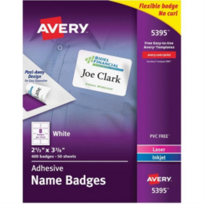Avery Name Badge Labels White 2-1/3" x 3-3/8" 50 Sheets/Box (5395)