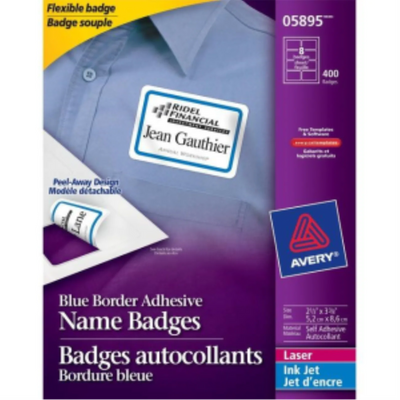 NAME BADGE LABELS, 3 3/8" X 2 1/3" BLUE BORDER, 50 SHEE