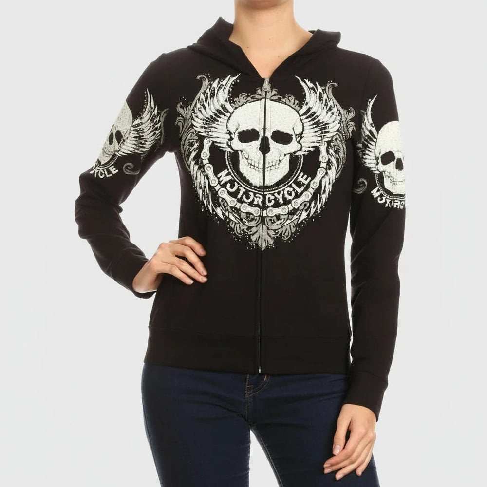 Chandail à glissière pour motocycliste pour femme avec crâne et ailes en strass