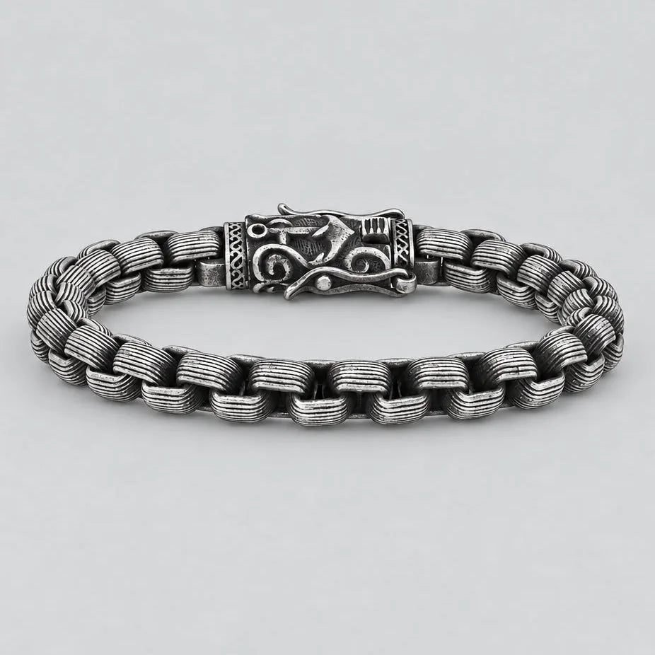 Bracelet Viking en Acier pour Homme. Chaîne Boîte Argent Oxydé Fermoir Nordique Bijou Motard
