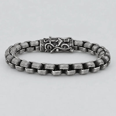Bracelet Viking en Acier pour Homme. Chaîne Boîte Argent Oxydé Fermoir Nordique Bijou Motard