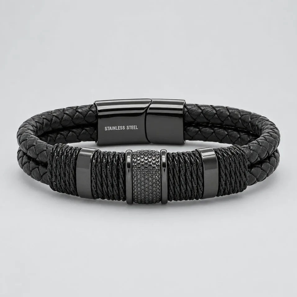 Bracelet de motard en cuir tressé noir furtif et acier inoxydable pour hommes